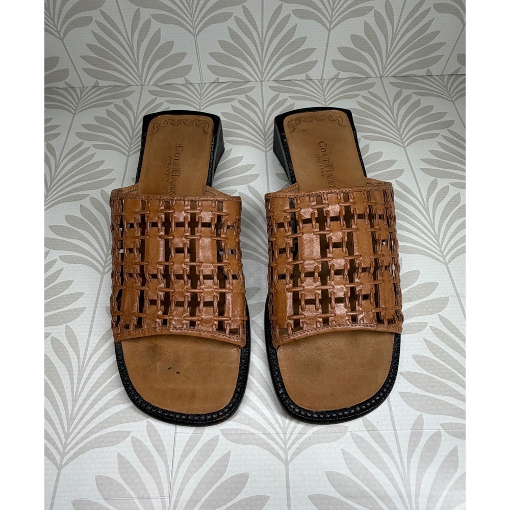 Vintage Cole Haan Country Brown Woven Leather Mule Sandals Block Heel 8.5 B 90s